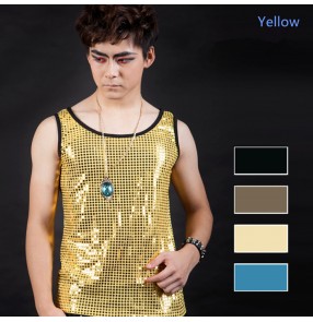 Black turquoise blue gold yellow sequins men's man male  fashion singer ds performance bar punk rock hip hop jazz dance vests tops 